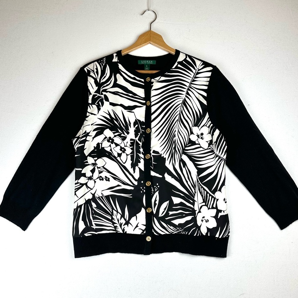 Lauren Ralph Lauren Silk Tropical Print Front & Cashmere Black & White Sweater